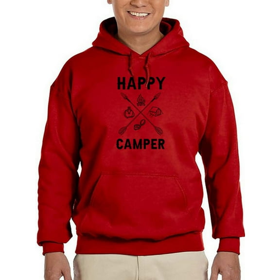 Smartprints Mens Graphic Hoodie Red - Happy Camper. Cotton Blend Classic Fit