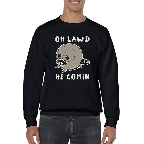 Smartprints Mens Graphic Sweatshirt Black - Oh Lawd He Comin, Raccoon Cotton Blend Regular Fit
