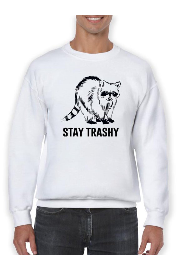 Mens Graphic Sweatshirt White - Stay Trashy Raccoon Cotton Blend Regular Fit