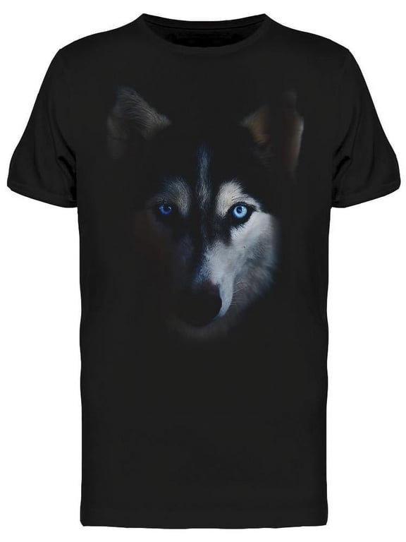 Mens Graphic Tee Black - Siberian Husky Face In Darkness 100% Cotton Regular Fit