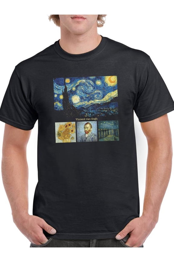 Mens Graphic Tee Black - Vincent Van Gogh Art 100% Cotton Classic Fit