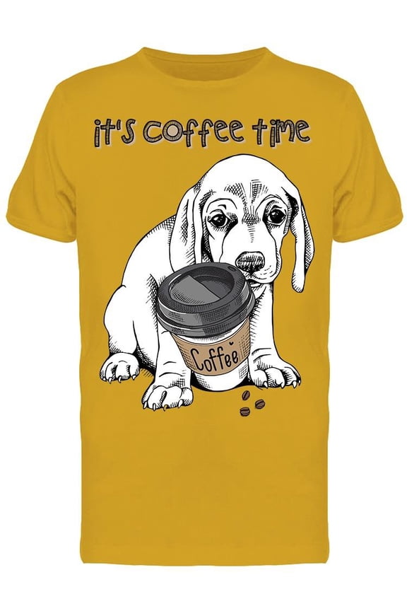 Mens Graphic Tee - Cute Beagle Puppy With Coffee - Regular Fit 100% Cotton