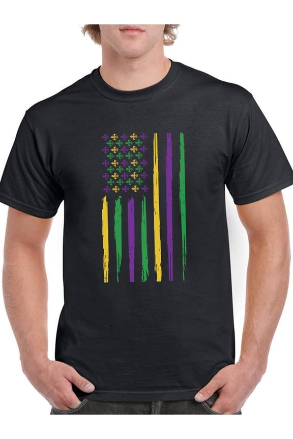 Mens Graphic Tee - Mardi Gras American Flag - Regular Fit 100% Cotton