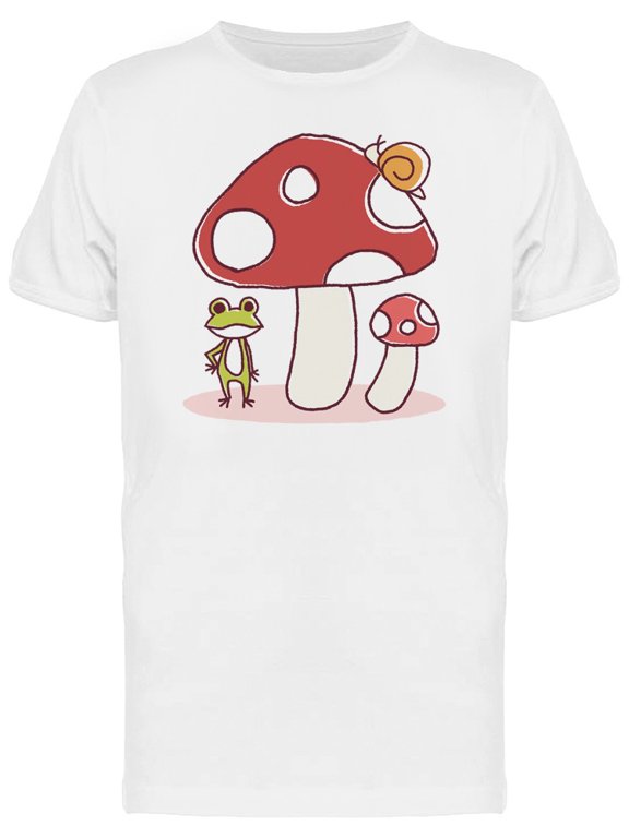 Mens Graphic Tee - Mushroom & Frog Cartoon - Regular Fit 100% Cotton
