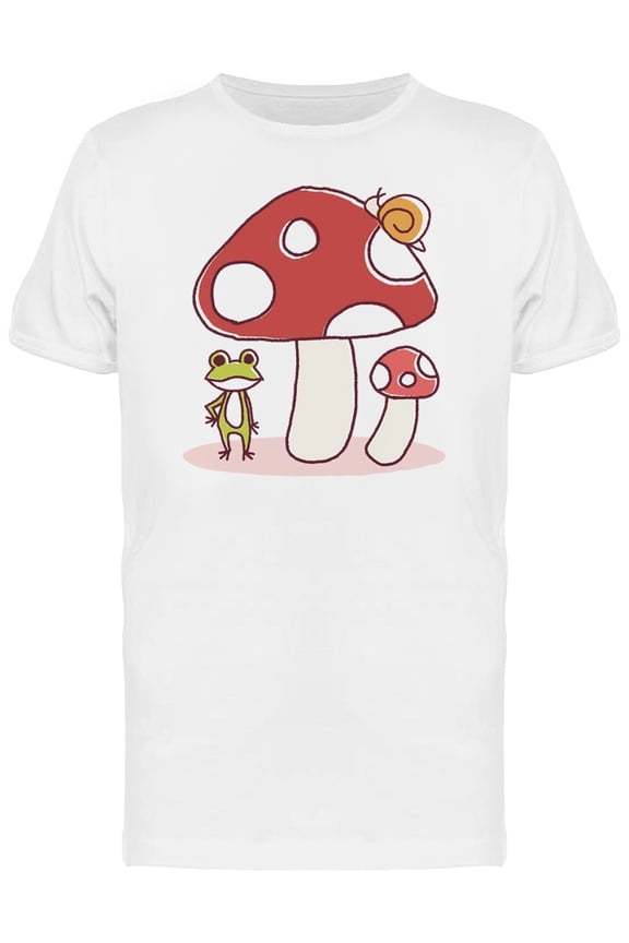Mens Graphic Tee - Mushroom & Frog Cartoon - Regular Fit 100% Cotton