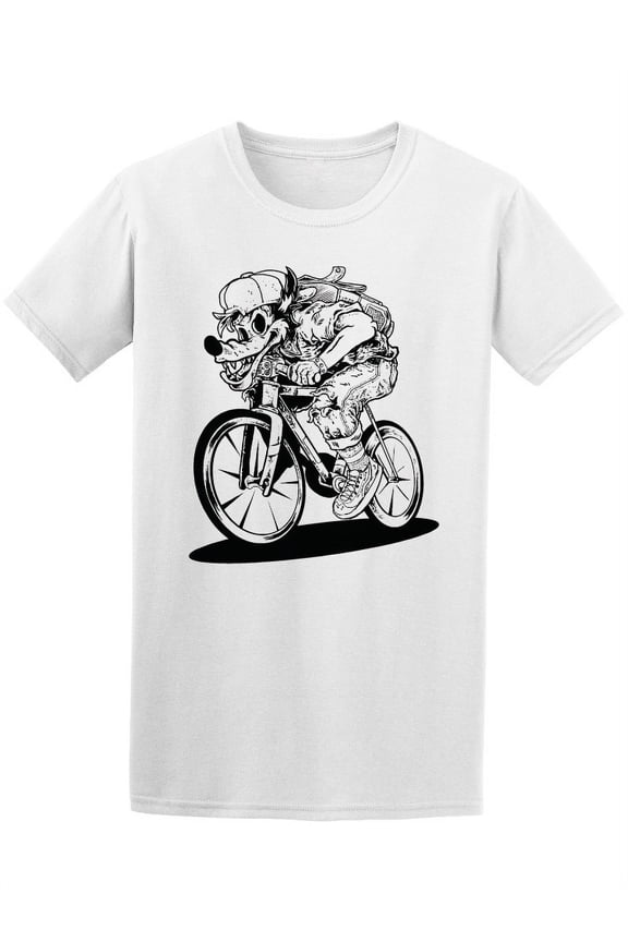 Mens Graphic Tee - Wolf Ride On A Bicycle - Regular Fit 100% Cotton