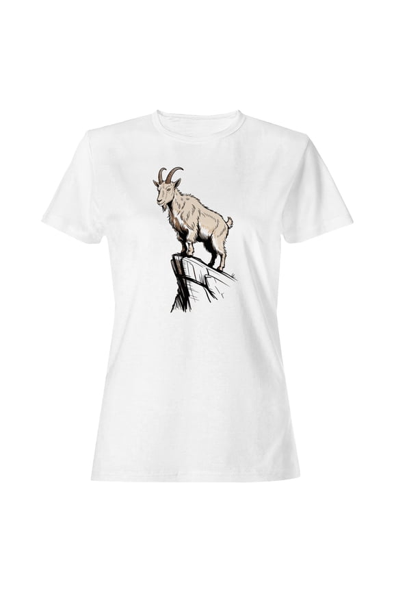 Mountain Goat on Rocky Cliff Women's T-Shirt White, Cotton, L