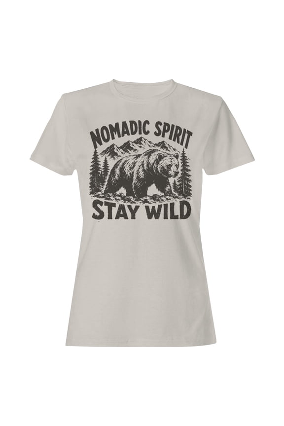 Nomadic Spirit Stay Wild Bear Mountain Women's T-Shirt Ice Grey, Cotton, XL