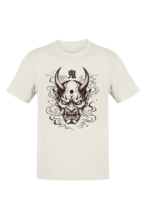 Oni Demon Mask Kanji Art Men's T-Shirt Off White, Cotton, M