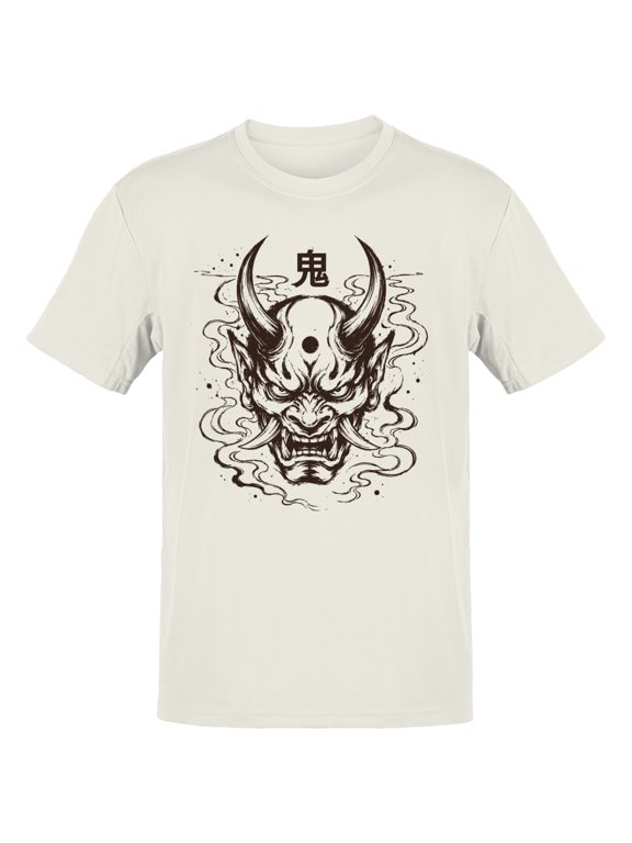 Oni Demon Mask Kanji Art Men's T-Shirt Off White, Cotton, M
