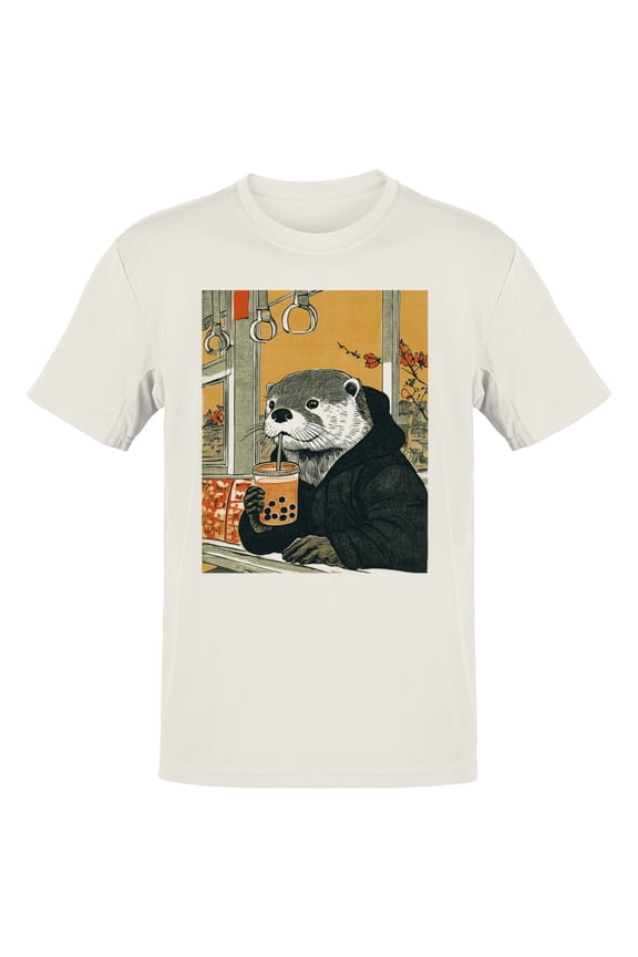 Otter Riding Subway Bubble Tea Men's T-Shirt Off White, Cotton, XL