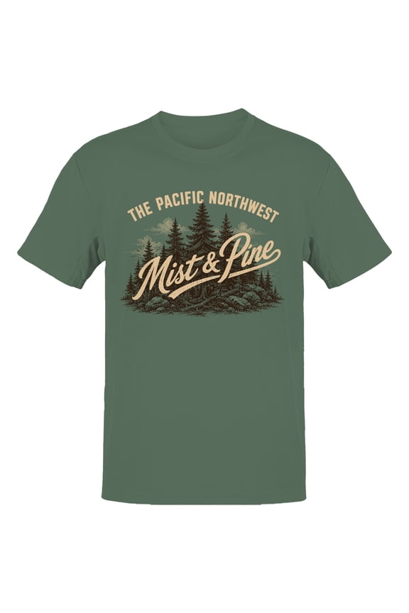 Pacific Northwest Mist & Pine Forest Men's T-Shirt Military Green, Cotton, XL