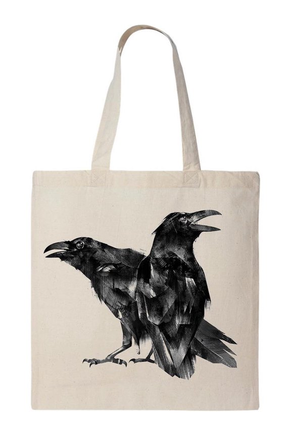 Painted Sitting Bird Crows Tote Bag - Image by Shutterstock, One Size Cotton Canvas Tote Bag