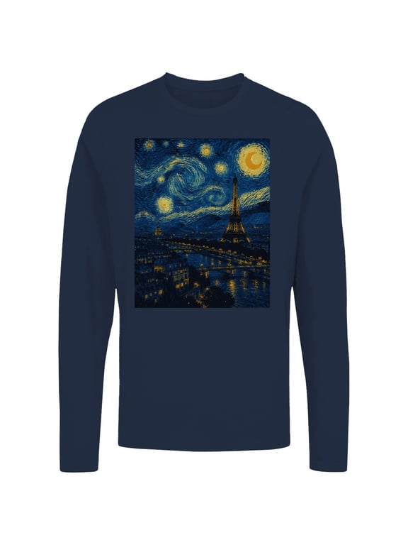 Paris Eiffel Tower Starry Night Men's Long Sleeve Navy, Cotton, M