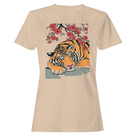 Smartprints Resting Tiger & Cherry Blossoms Women's T-Shirt Natural, Cotton, S