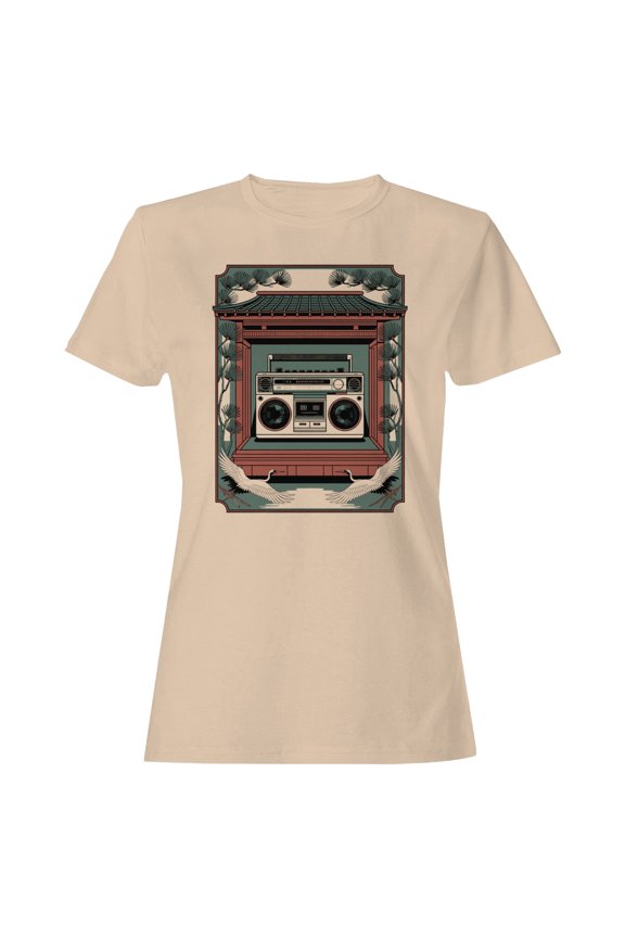 Retro Boombox Cranes Illustration Women's T-Shirt Natural, Cotton, XL