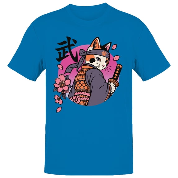 Smartprints Samurai Cat with Katana Men's T-Shirt Sapphire, Cotton, S
