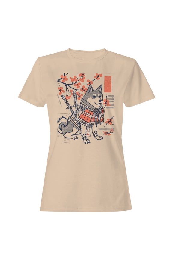 Samurai Shiba Inu Sakura Blossoms Women's T-Shirt Natural, Cotton, XL