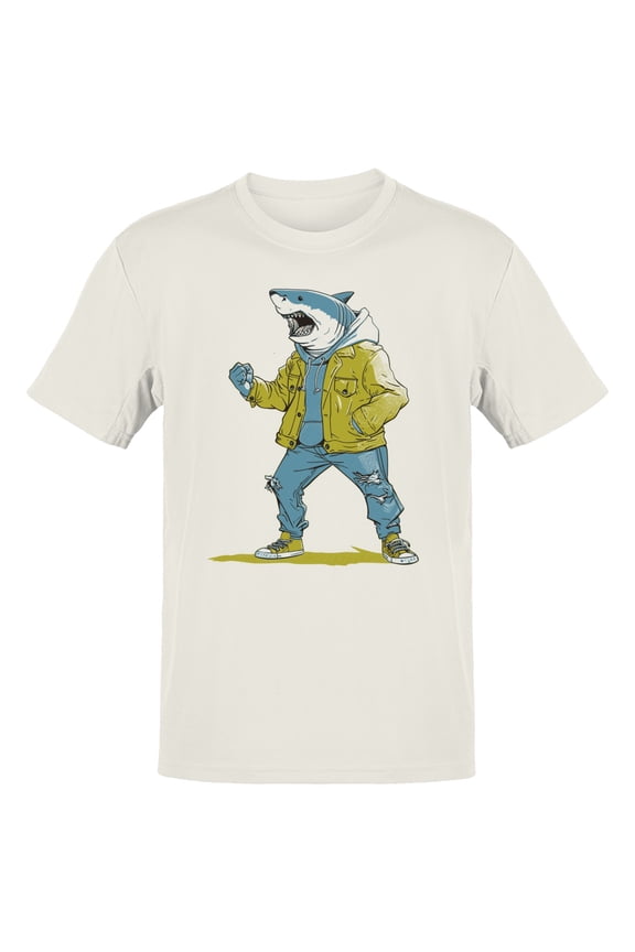 Shark Head with & Denim Jacket Men's T-Shirt Off White, Cotton, 4XL