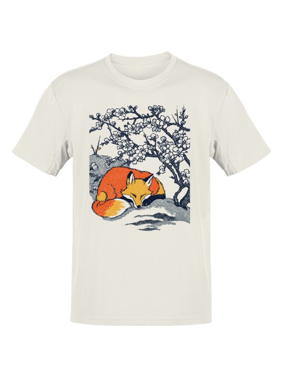 Sleeping Fox Cherry Blossoms Men's T-Shirt Off White, Cotton, L