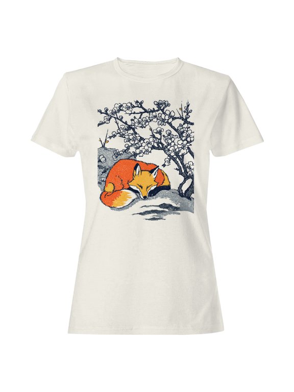 Sleeping Fox Under Cherry Blossoms Women's T-Shirt Off White, Cotton, L