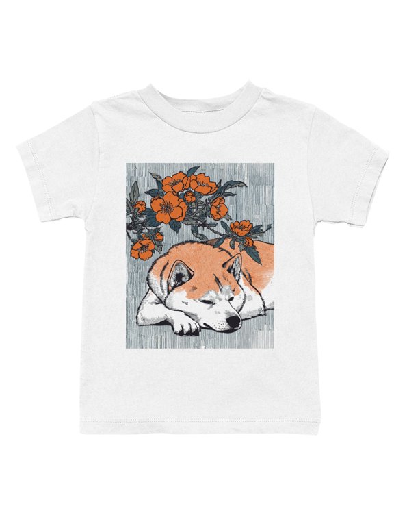 Sleeping Fox with Orange Flowers Art Youth's T-Shirt White, Cotton, L