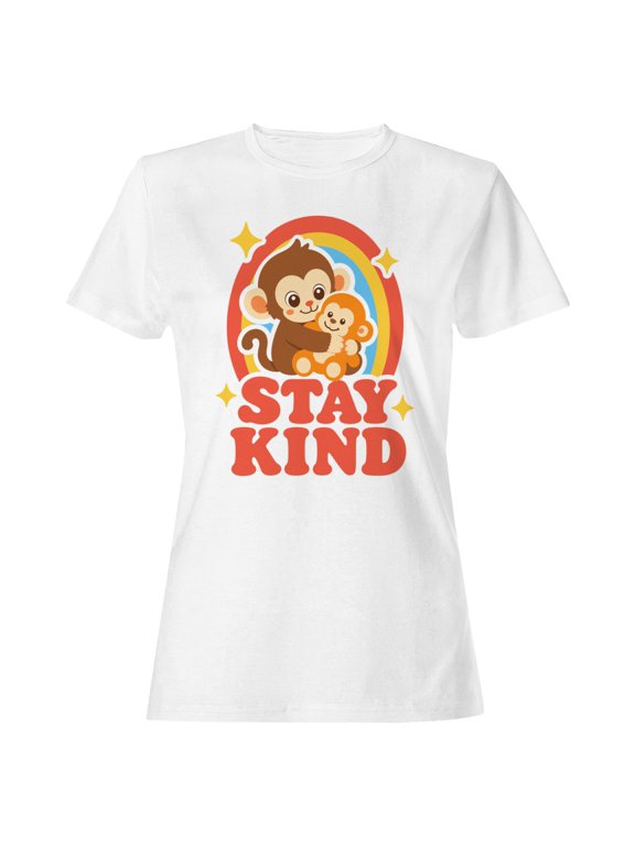 Stay Kind Cute Monkey Hug Rainbow Women's T-Shirt White, Cotton, XL