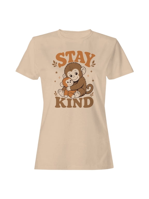 Stay Kind Monkey Hug Motivational Women's T-Shirt Natural, Cotton, L