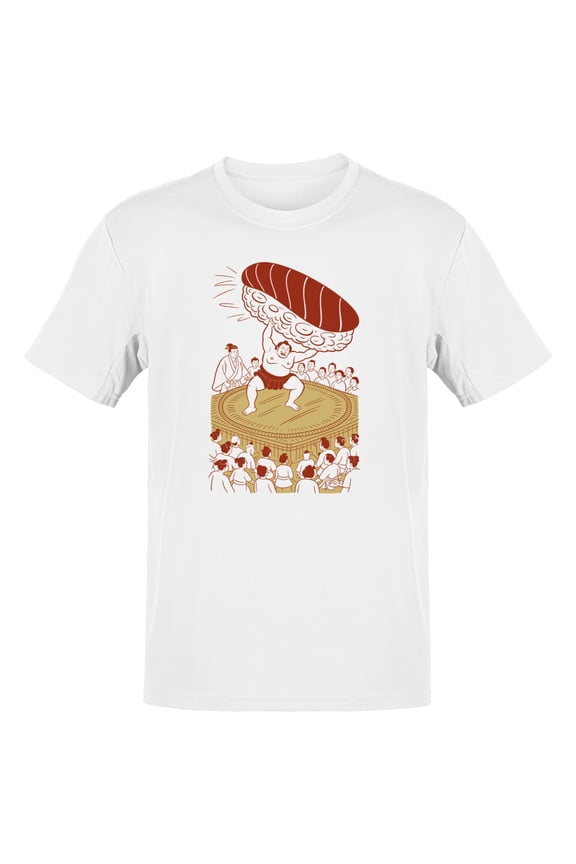 Sumo Wrestler Lifting Sushi Illustration Men's T-Shirt White, Cotton, L