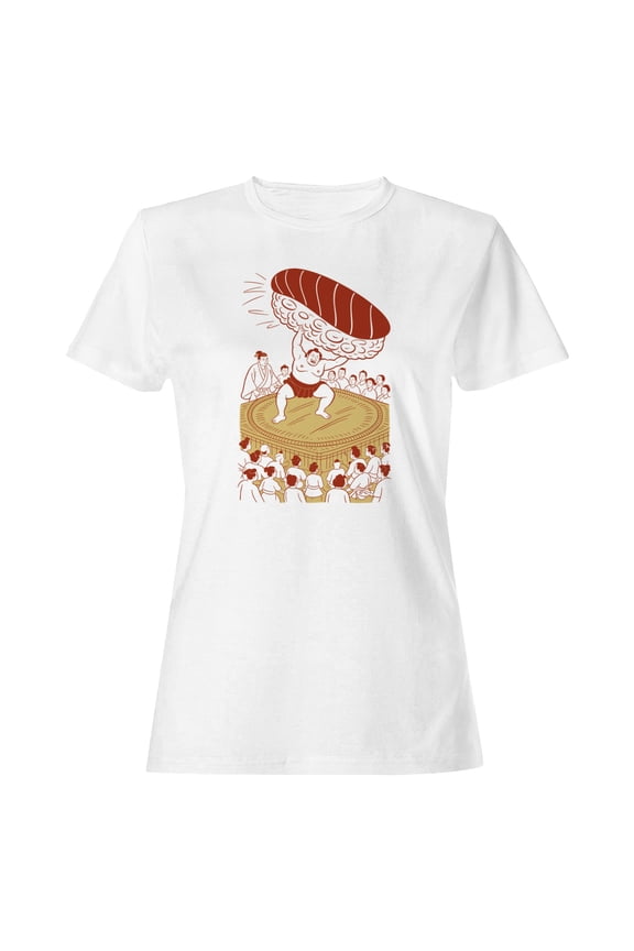 Sumo Wrestler Lifting Sushi Women's T-Shirt White, Cotton, XL