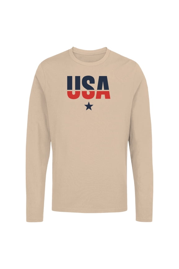 USA Bold Typography Star Men's Long Sleeve T-Shirt, Natural, S