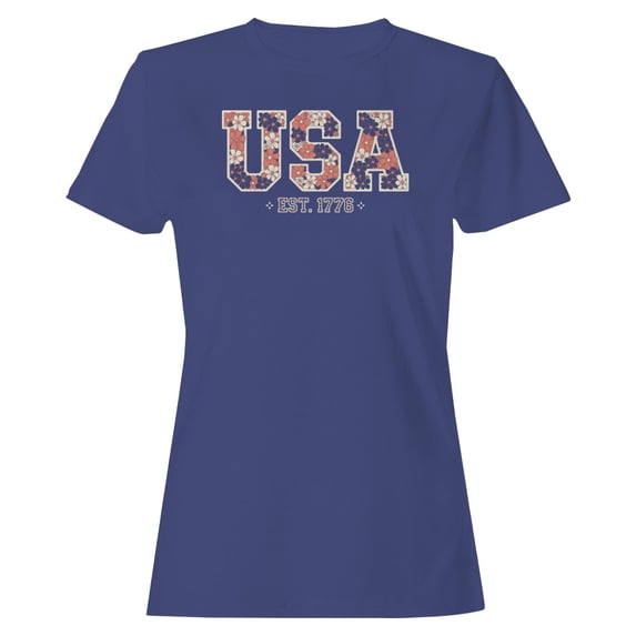 Smartprints USA Floral Patriotic Est. 1776 Women's T-shirt, Purple, S