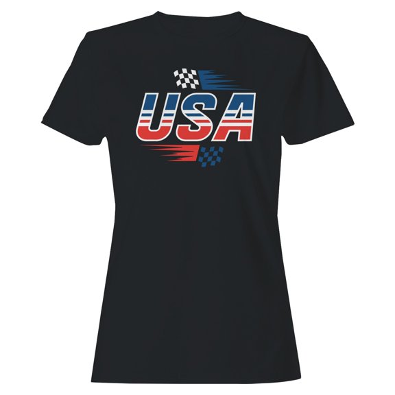 Smartprints USA Racing Flag Speed Graphic Women's T-shirt, Black, L