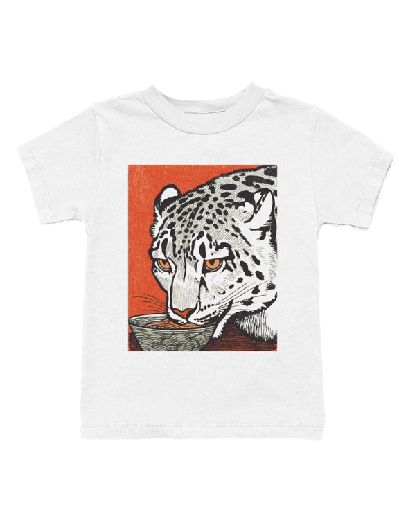 Vintage Leopard Drinking Art Print Youth T-Shirt White, Cotton, XS