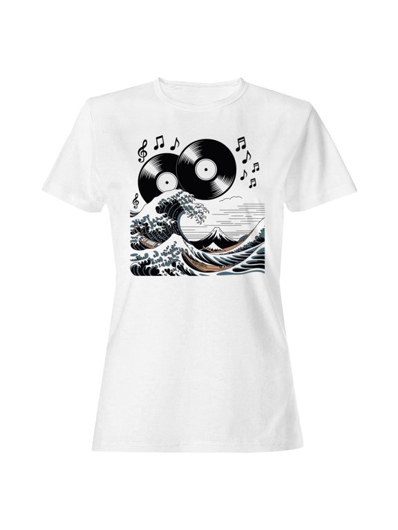 Vinyl Record Wave Music Notes Women's T-Shirt White, Cotton, XL