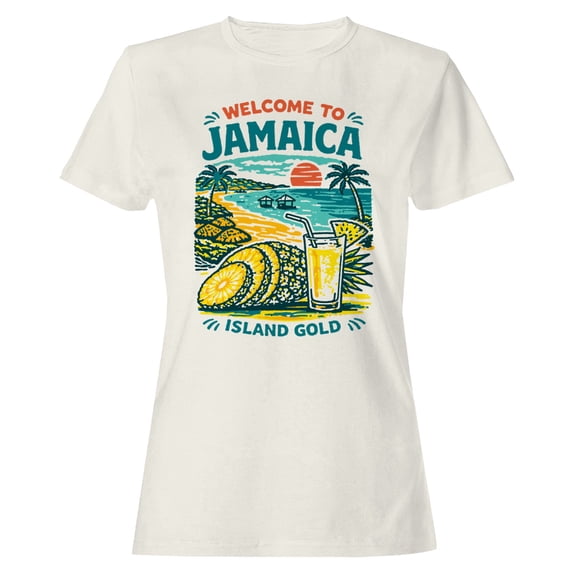 Smartprints Welcome to Jamaica Gold Sunset Women's T-Shirt Off White, Cotton, S