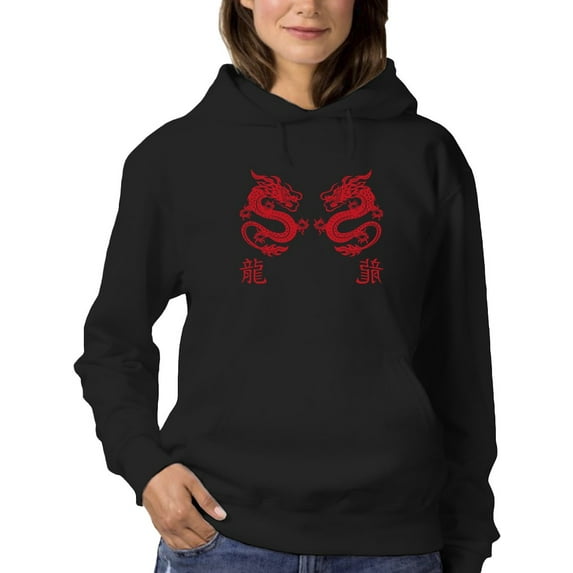 Smartprints Womens Graphic Hoodie Black - Dragon Twins Cotton Blend Classic Fit