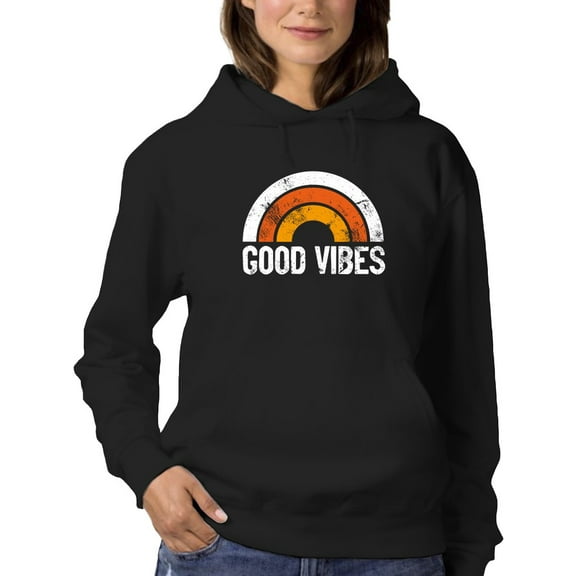 Smartprints Womens Graphic Hoodie Black - Good Vibes Grunge Art Cotton Blend Classic Fit