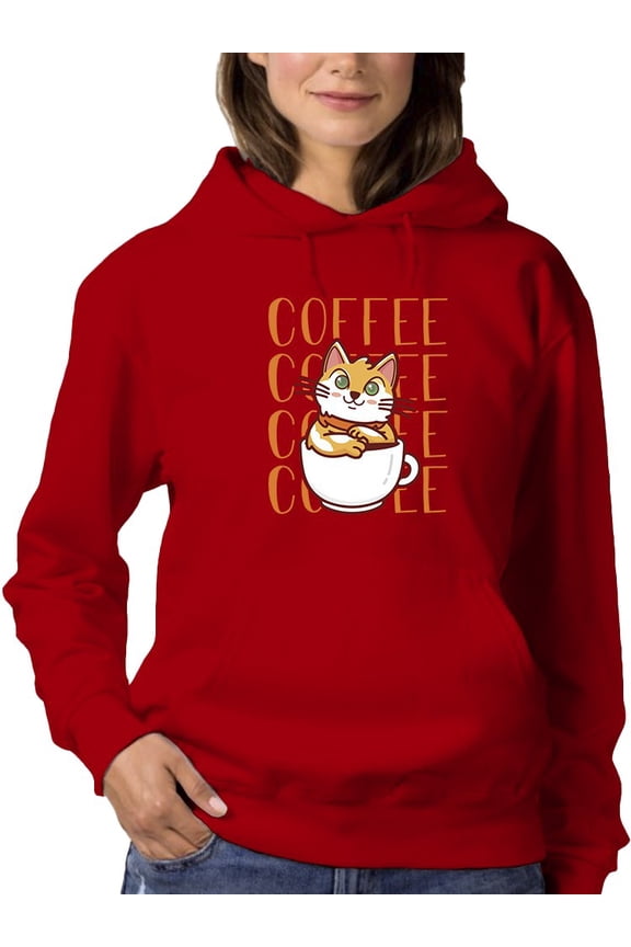 Womens Graphic Hoodie Red - Cute Cartoon Kitty In A Cup Cotton Blend Classic Fit