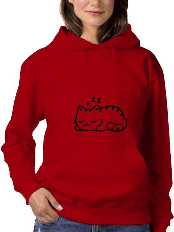 Womens Graphic Hoodie Red - Sleeping Kitty Cotton Blend Classic Fit
