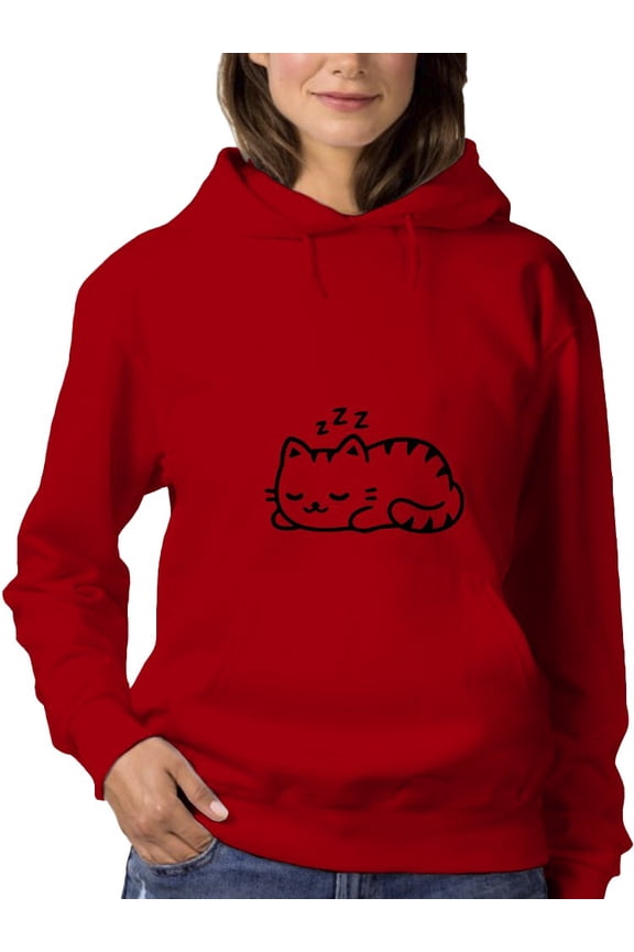 Womens Graphic Hoodie Red - Sleeping Kitty Cotton Blend Classic Fit