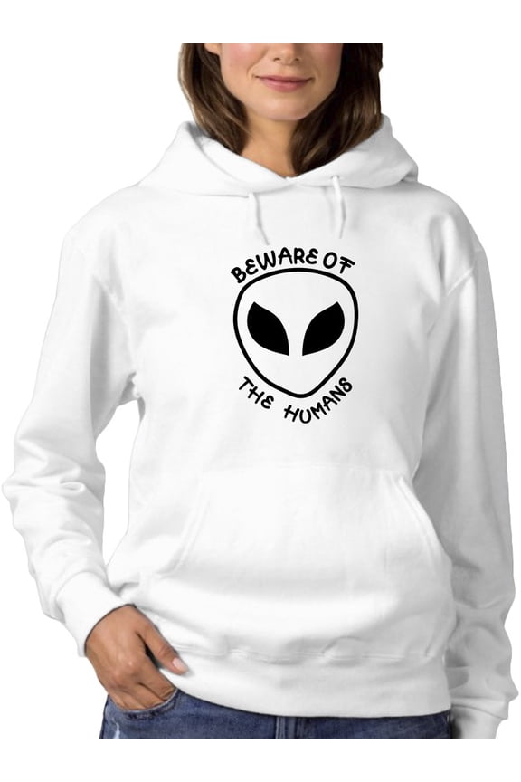 Womens Graphic Hoodie White - Beware Of The Humans Quote Cotton Blend Classic Fit