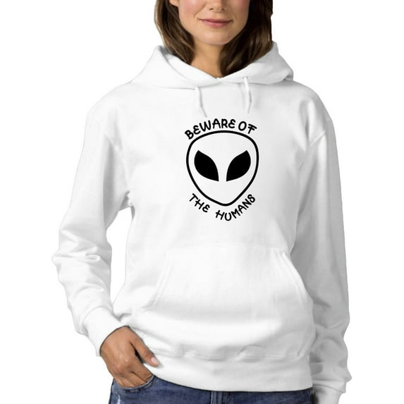 Smartprints Womens Graphic Hoodie White - Beware Of The Humans Quote Cotton Blend Classic Fit