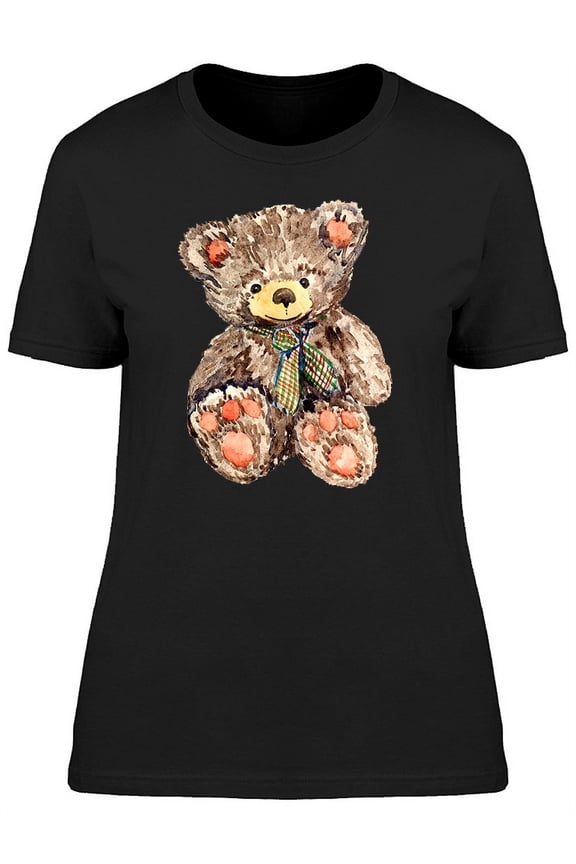 Womens Graphic Tee Black - Teddy Bear In Cute Watercolor 100% Cotton Regular Fit