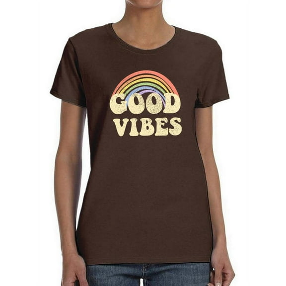 Smartprints Womens Graphic Tee Dark Chocolate - Good Vibes Rainbow 100% Cotton Regular Fit