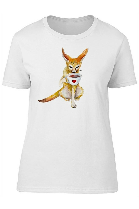 Womens Graphic Tee - Fennec Fox With A Cup Of Coffee - Regular Fit 100% Cotton