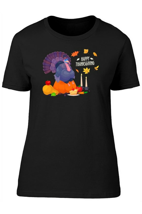 Womens Graphic Tee - Happy Thanksgiving Turkey Dinner - Regular Fit 100% Cotton