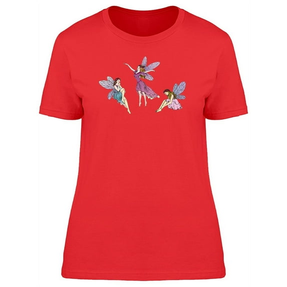 Smartprints Womens Graphic Tee Red - Three Colored Young Fairies 100% Cotton Regular Fit