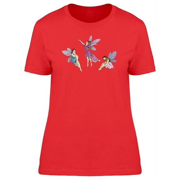 Smartprints Womens Graphic Tee Red - Three Colored Young Fairies 100% Cotton Regular Fit