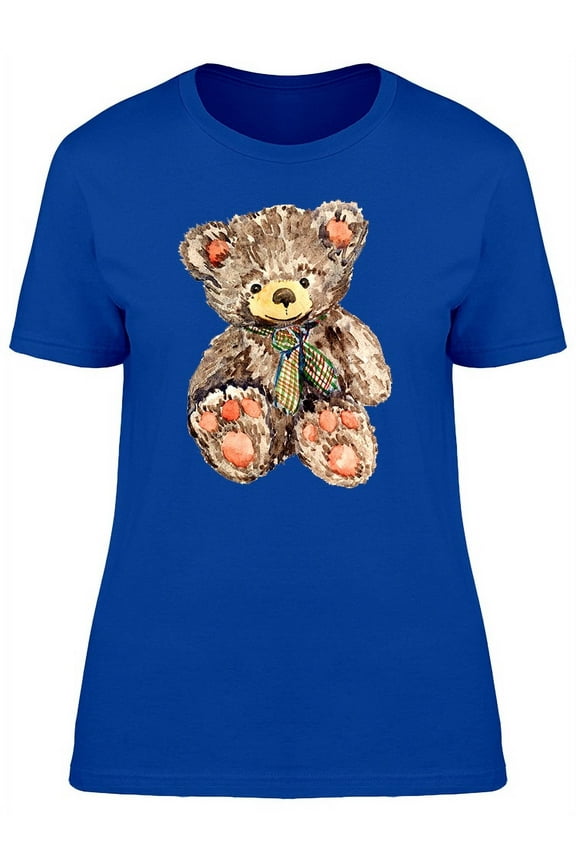 Womens Graphic Tee Royal Blue - Teddy Bear In Cute Watercolor 100% Cotton Regular Fit